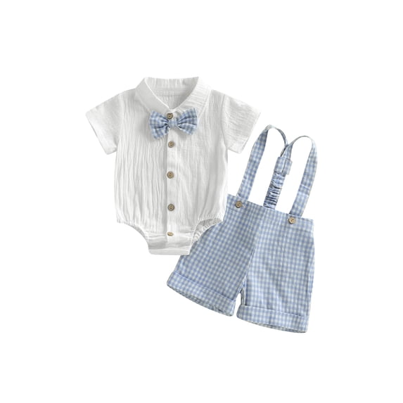 Loicainy Infant Baby Boy Gentleman Clothes Set 3 6 9 12 18 Month Short Sleeve Bow Tie Romper with Plaid Suspender Shorts Summer Outfit
