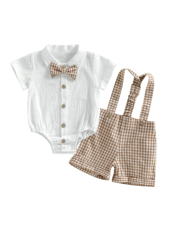 Infant Baby Boy Gentleman Clothes Set 3 6 9 12 18 Month Short Sleeve Bow Tie Romper with Plaid Suspender Shorts Summer Outfit