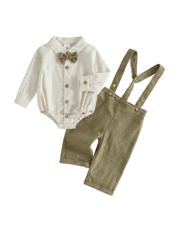 Infant Baby Boy Gentleman Outfits 3 6 9 12 18 Months Solid Long Sleeve Romper Suspender Pants Clothes Set