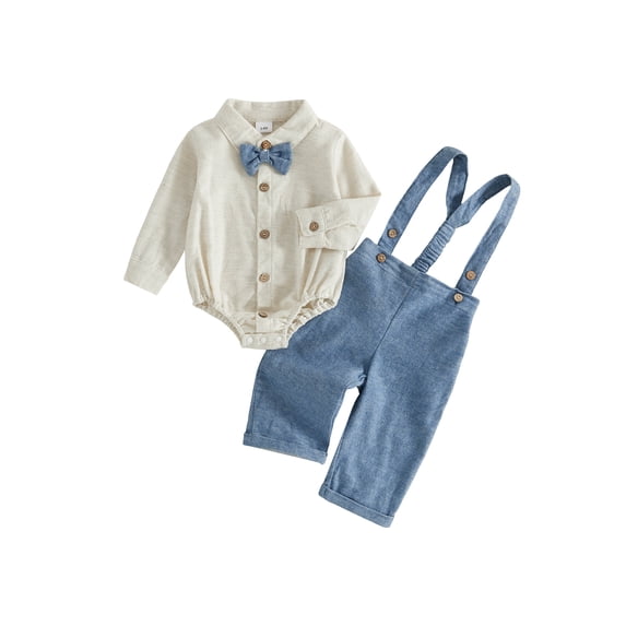 Loicainy Infant Baby Boy Gentleman Outfits 3 6 9 12 18 Months Solid Long Sleeve Romper Suspender Pants Clothes Set