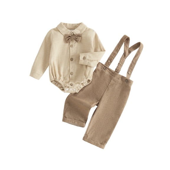 Loicainy Infant Baby Boy Gentleman Outfits 3 6 9 12 18 Months Solid Long Sleeve Romper Suspender Pants Clothes Set