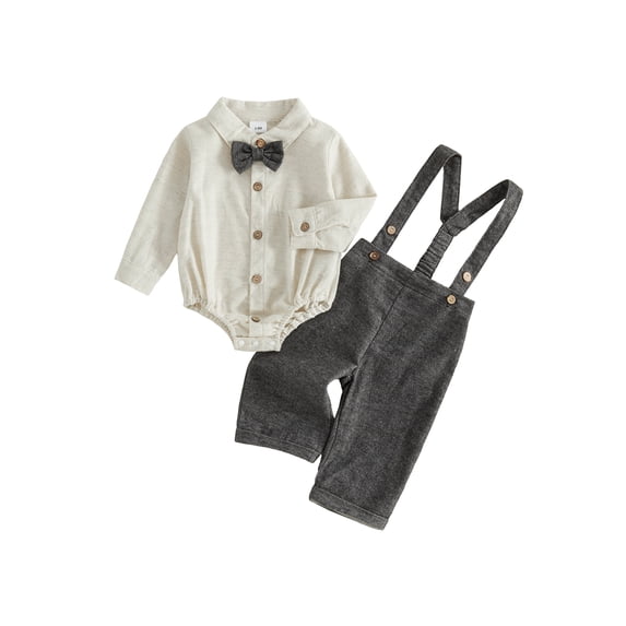 Loicainy Infant Baby Boy Gentleman Outfits 3 6 9 12 18 Months Solid Long Sleeve Romper Suspender Pants Clothes Set