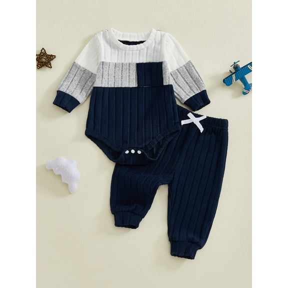 Loicainy Infant Baby Boy Girl Fall Outfits 3 6 12 18 24 Months Long Sleeve Crew Neck Knit Romper and Elastic Waist Jogger Pants Toddler Boys Clothes Set