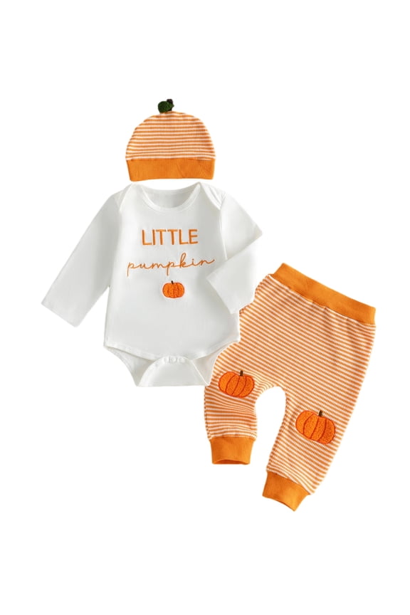 Infant Baby Boy Halloween Outfits 3 6 12 18 Month Pumpkin Letters Embroidery Long Sleeve Crew Neck Romper Striped Pants and Hat Clothes Set