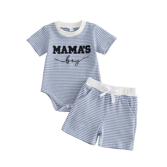 Loicainy Infant Baby Boy Summer Clothes 3 6 12 18 Month Letter Embroidered Striped Crew Neck Short Sleeve Romper and Shorts 2 Pcs Outfits Set