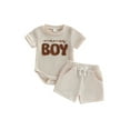 thumbnail image 1 of Loicainy Infant Baby Boy Summer Outfits 3 6 12 18 Month Letter Embroidered Crew Neck Short Sleeve Romper and Shorts 2 Pcs Clothes Set, 1 of 9