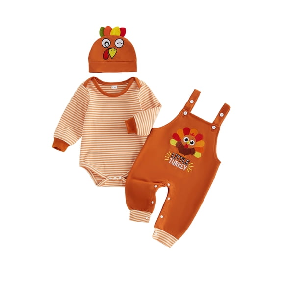 Loicainy Infant Baby Boy Thanksgiving Outfit 3 6 9 12 18 Months Striped Crew Neck Long Sleeve Romper Turkey Print Overalls and Hat 3 Pcs Clothes Set