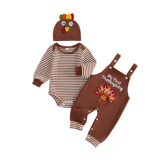 Loicainy Infant Baby Boy Thanksgiving Outfit 3 6 9 12 18 Months Striped Crew Neck Long Sleeve Romper Turkey Print Overalls and Hat 3 Pcs Clothes Set