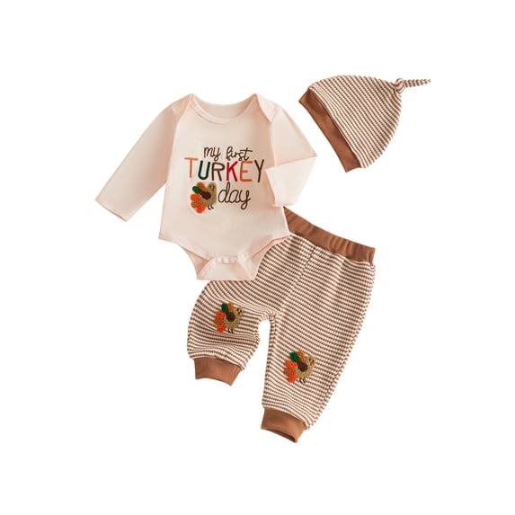 Loicainy Infant Baby Boy Thanksgiving Outfits 3 6 12 18 Months Long Sleeve Romper with Stripes Print Pants Hat Clothes Set