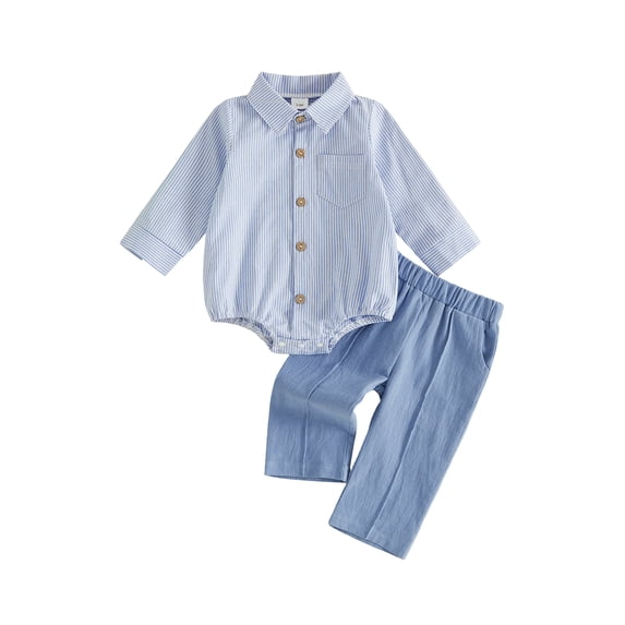 Loicainy Infant Baby Boys Fall Outfits 3 6 12 18 Months Long Sleeve Lapel Striped Romper Solid Color Pants Clothes Set