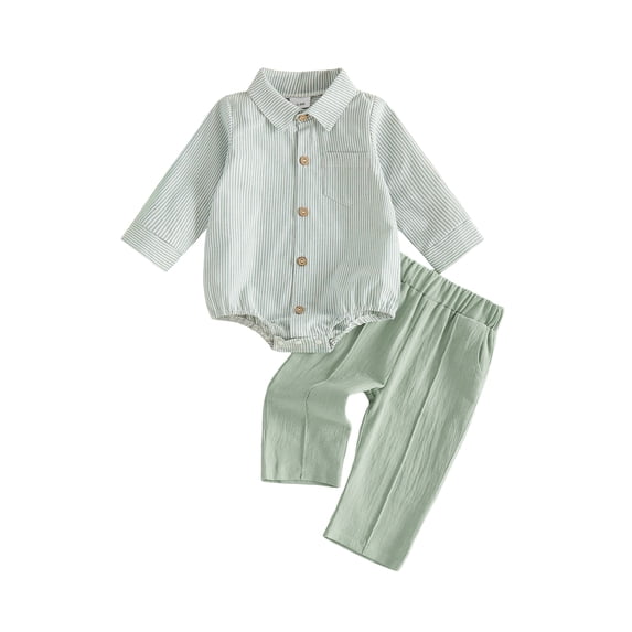 Loicainy Infant Baby Boys Fall Outfits 3 6 12 18 Months Long Sleeve Lapel Striped Romper Solid Color Pants Clothes Set