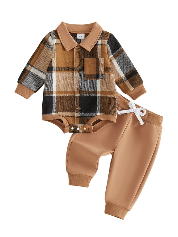 Infant Baby Boys Pants Clothes Set 3 6 12 18 24 Months Long Sleeve Plaid Button Closure Romper with Pants Fall Outfit