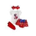 thumbnail image 1 of Loicainy Infant Baby Girl 4th of July Clothes Set 3 6 9 12 18 Months Letter Bow Print Short Sleeves Romper and Layered Ruffles Shorts Cute Headband Socks 5Pcs Outfits, 1 of 9