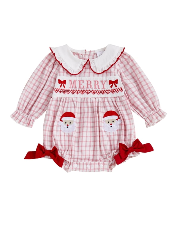 Infant Baby Girl Christmas Bodysuit 3 6 12 18 Months Long Sleeve Doll Collar Santa Embroidery Bubble Romper