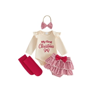 Loicainy Infant Baby Girl Christmas Outfit 3 6 12 18 Months Letter Romper Striped Shorts Headband Stockings Clothes Set