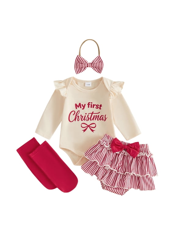 Infant Baby Girl Christmas Outfit 3 6 12 18 Months Letter Romper Striped Shorts Headband Stockings Clothes Set