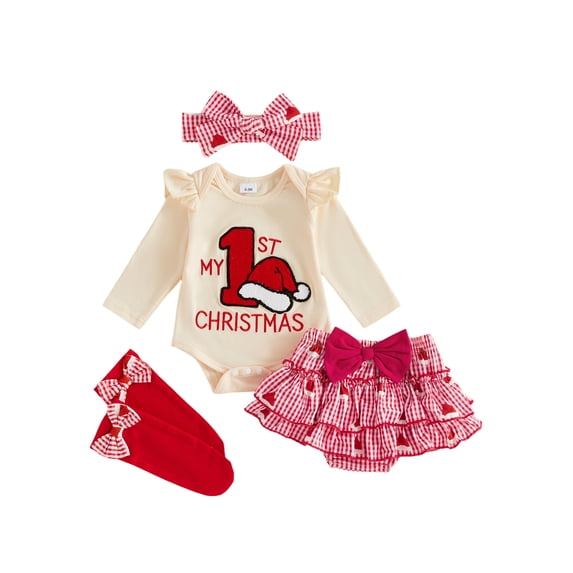 Loicainy Infant Baby Girl Christmas Outfit 3 6 9 12 18 Months Letters Romper with Plaid Shorts Headband Socks Clothes Set
