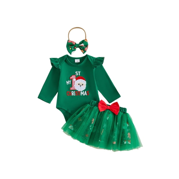 Loicainy Infant Baby Girl Christmas Outfit 3 6 9 12 18 Months Long Sleeve Romper Tulle Skirt Headband Clothes Set