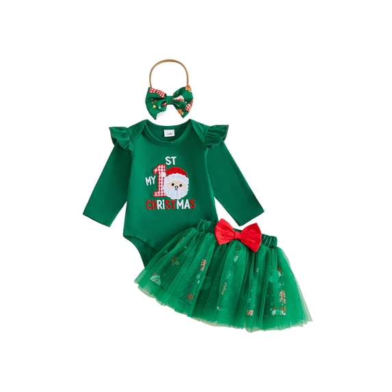 Loicainy Infant Baby Girl Christmas Outfit 3 6 9 12 18 Months Long Sleeve Romper Tulle Skirt Headband Clothes Set