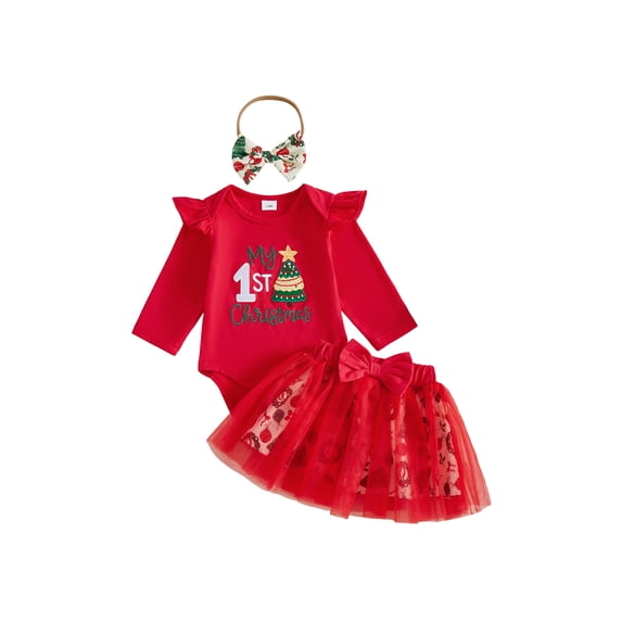 Loicainy Infant Baby Girl Christmas Outfit 3 6 9 12 18 Months Long Sleeve Romper Tulle Skirt Headband Clothes Set