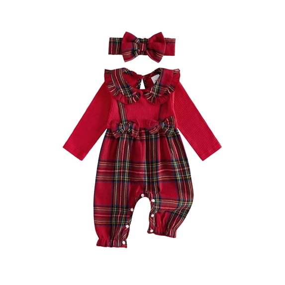 Loicainy Infant Baby Girl Christmas Romper 3 6 9 12 18 Months Long Sleeve Plaid Patchwork Bodysuit Headband