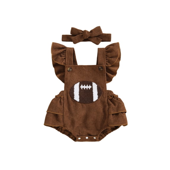 Loicainy Infant Baby Girl Fall Bodysuit 3 6 12 18 Months Ruffle Sleeveless Football Embroidery Romper with Headband