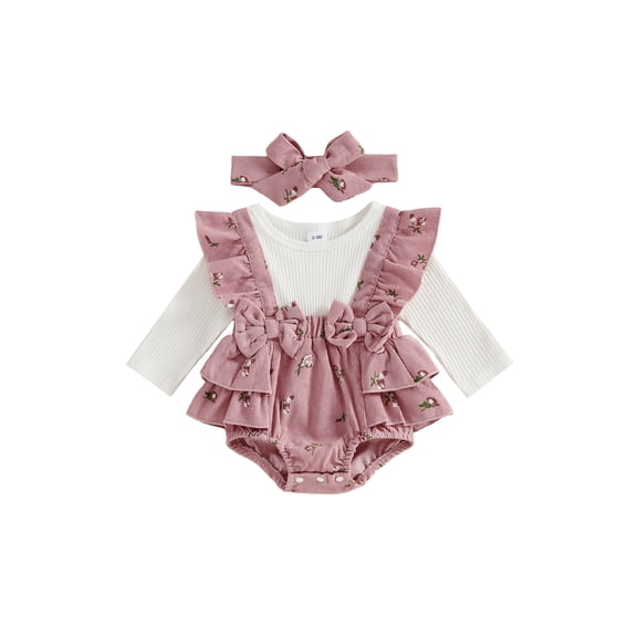 Loicainy Infant Baby Girl Fall Bodysuit 3 6 9 12 18 Months Crew Neck Long Sleeve Fake Two Romper and Bow Headband 2Pcs Clothes