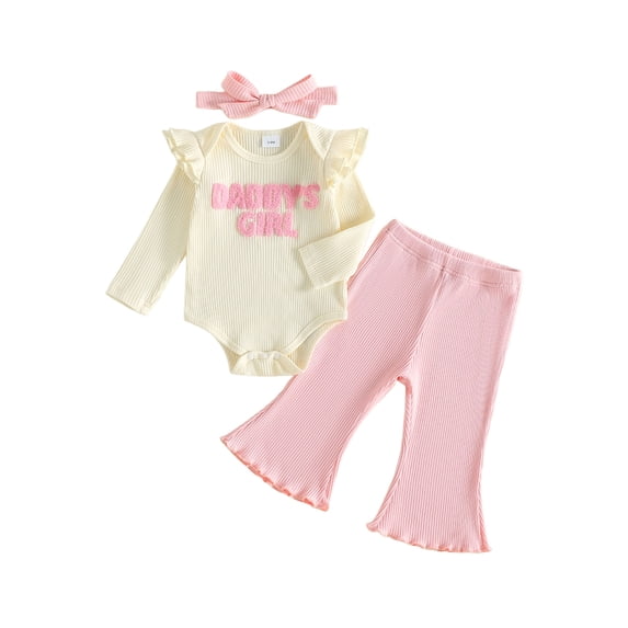 Loicainy Infant Baby Girl Fall Clothes Set 3 6 9 12 Months Ribbed Long Sleeve Romper Flare Pants Bow Headband Outfits