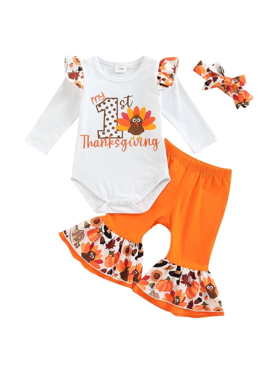 Infant Baby Girl Fall Clothes for Thanksgiving Day 3 6 9 12 18 Months Long Sleeve Round Neck Romper Shirt Bell-Bottoms Trousers Headband Outfits Set