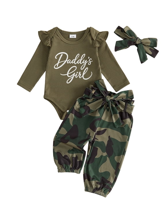 Infant Baby Girl Fall Outfits 3 6 12 18 Months Cute Long Sleeve Romper and Camo Pants Bow Headband Clothes Set