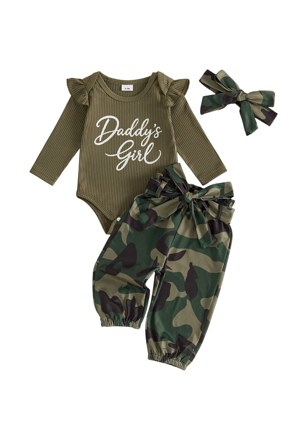 Infant Baby Girl Fall Outfits 3 6 12 18 Months Cute Long Sleeve Romper and Camo Pants Bow Headband Clothes Set
