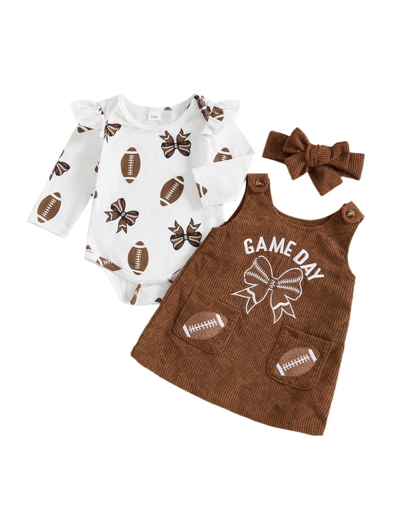 Infant Baby Girl Fall Outfits 3 6 12 18 Months Long Sleeve Football Romper Overalls Dress Headband Set Clothes