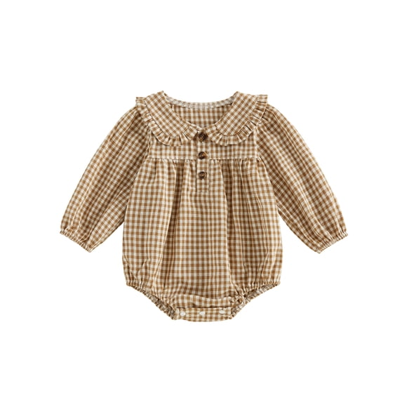 Loicainy Infant Baby Girl Fall Romper 3 6 9 12 18 Months Plaid Print Long Sleeve Doll Collar Button Front Bubble Bodysuit