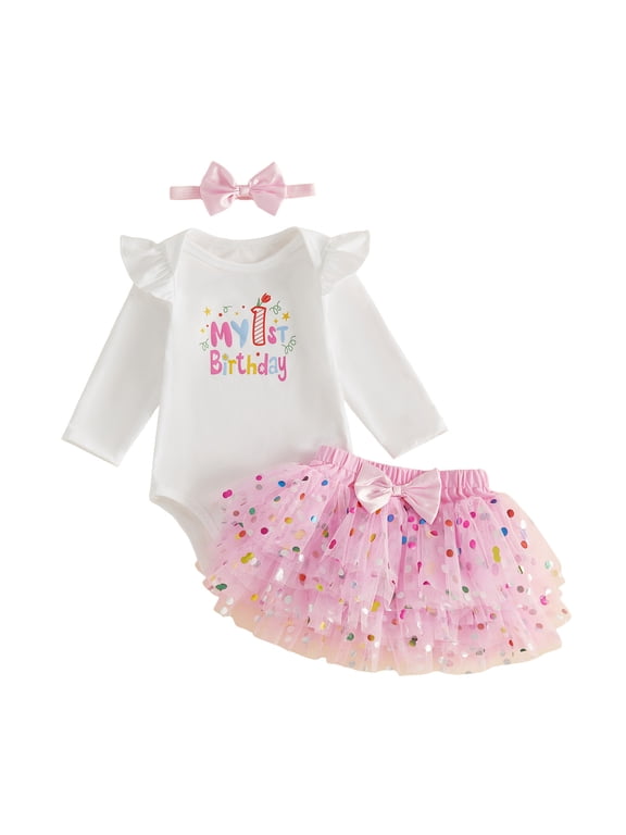 Infant Baby Girl First Birthday Outfits 9 12 18 Months Letter Long Sleeve Romper Tutu Skirt Headband Clothes Set