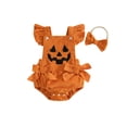 thumbnail image 1 of Loicainy Infant Baby Girl Halloween Bodysuit Outfit 3 6 12 18 Months Devil Face Pattern Bows Ribbed Flying Sleeve Romper and Bow Headband, 1 of 9
