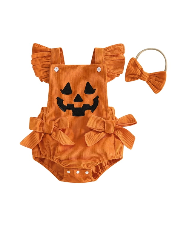 Infant Baby Girl Halloween Bodysuit Outfit 3 6 12 18 Months Devil Face Pattern Bows Ribbed Flying Sleeve Romper and Bow Headband