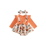 Loicainy Infant Baby Girl Halloween Bodysuit Outfits 3 6 12 18 Months Long Sleeve Bow Front Pumpkin Ghost Print Romper with Headband Set Newborn Clothes