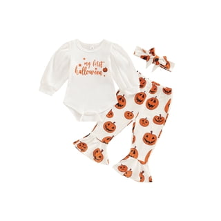 Loicainy Infant Baby Girl Halloween Clothes Set 3 6 12 18 Months Round Neck Long Sleeve Letter Printed Romper Pumpkin Printed Flare Pants Headband Fall Outfits