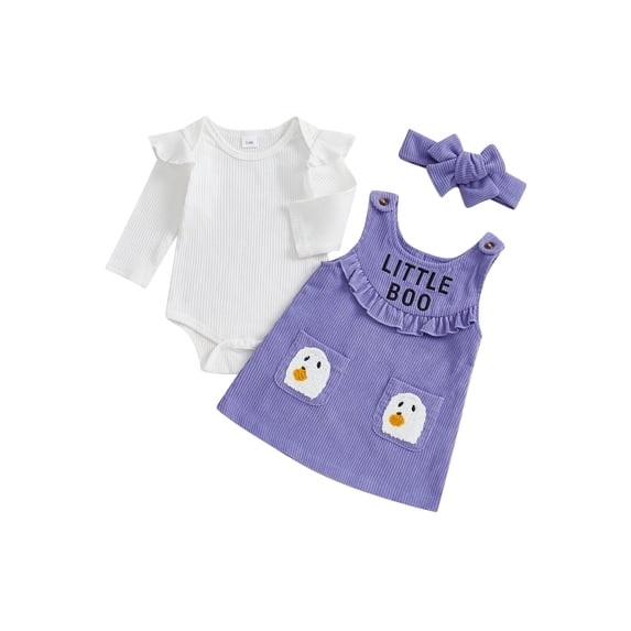 Loicainy Infant Baby Girl Halloween Clothes Set 3 6 12 18 Months Solid Long Sleeve Romper Ghost Embroidery Overall Dress Headband 3 Pcs Outfits