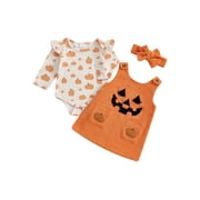 Loicainy Infant Baby Girl Halloween Outfit 3 6 12 18 Months Pumpkin Ruffle Long Sleeve Romper Overall Dress Headband 3 Piece Clothes Set