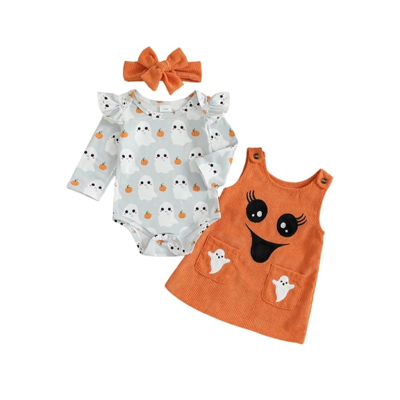 Loicainy Infant Baby Girl Halloween Outfit 3 6 12 18 Months Pumpkin Ruffle Long Sleeve Romper Overall Dress Headband 3 Piece Clothes Set