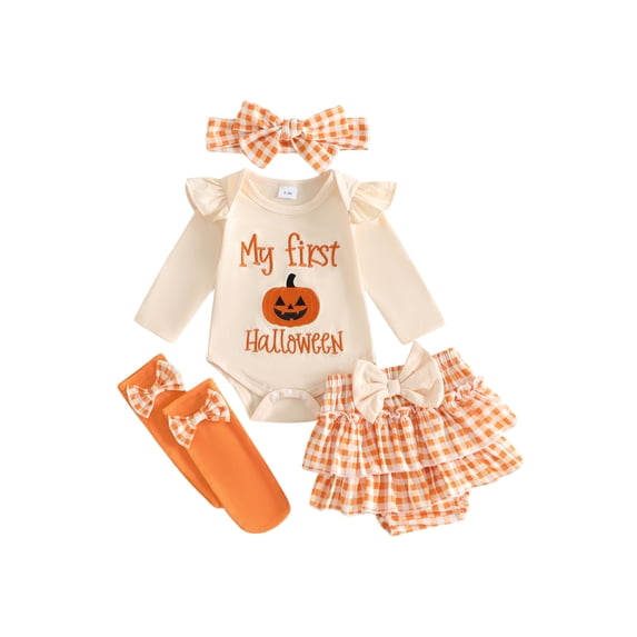 Loicainy Infant Baby Girl Halloween Outfit 3 6 9 12 18 Months Long Sleeve Romper Skort Headband Stockings Clothes Set