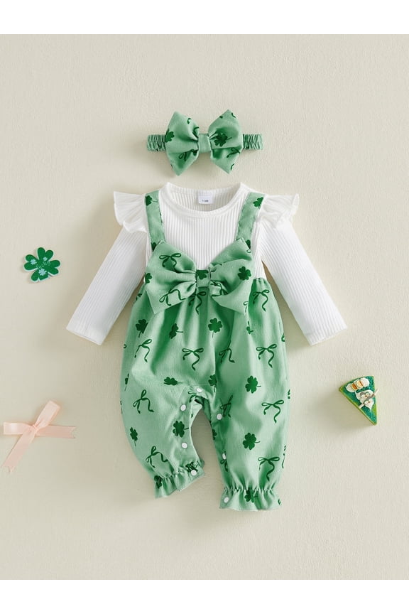 Infant Baby Girl Irish Romper 3 6 9 12 Months Clover Bow Print Long Sleeve Fake Two Piece Bow Jumpsuit Headbands 2 Piece Outfits