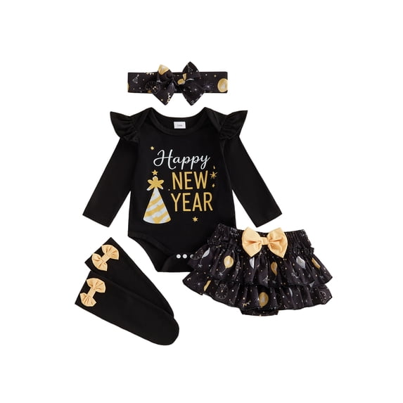 Loicainy Infant Baby Girl New Year Outfit 3 6 12 18 Months Letters Romper with Shorts Bow Headband Socks Clothes Set