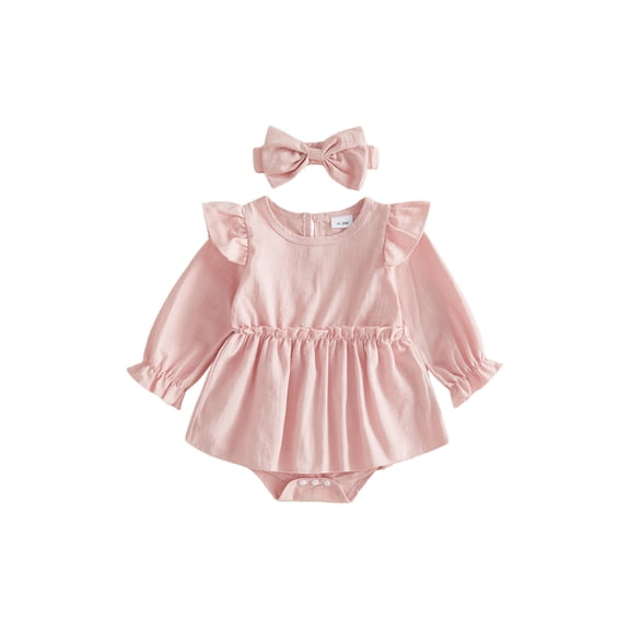 Loicainy Infant Baby Girl Romper Dress 3 6 9 12 18 Months Long Sleeve Round Neck Bodysuit and Headband Set