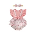 thumbnail image 1 of Loicainy Infant Baby Girl Summer Romper 3 6 9 12 18 Months Cute Bow Decor Flying Sleeve Floral Fake-two Jumpsuit with Headband, 1 of 9