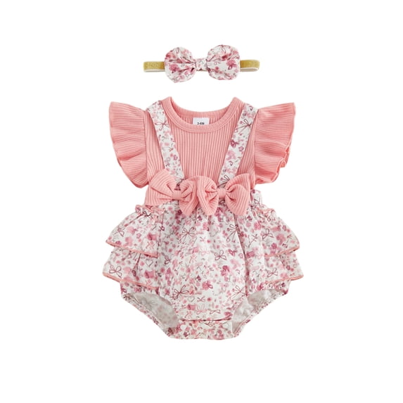 Loicainy Infant Baby Girl Summer Romper 3 6 9 12 18 Months Cute Bow Decor Flying Sleeve Floral Fake-two Jumpsuit with Headband