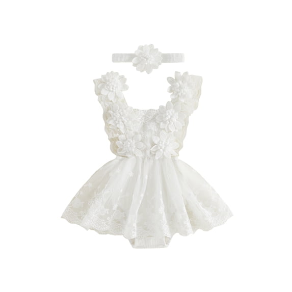 Loicainy Infant Baby Girl Summer Romper Dress 3 6 12 18 24 Months Cute Flower Sleeveless Tulle Jumpsuit with Headband