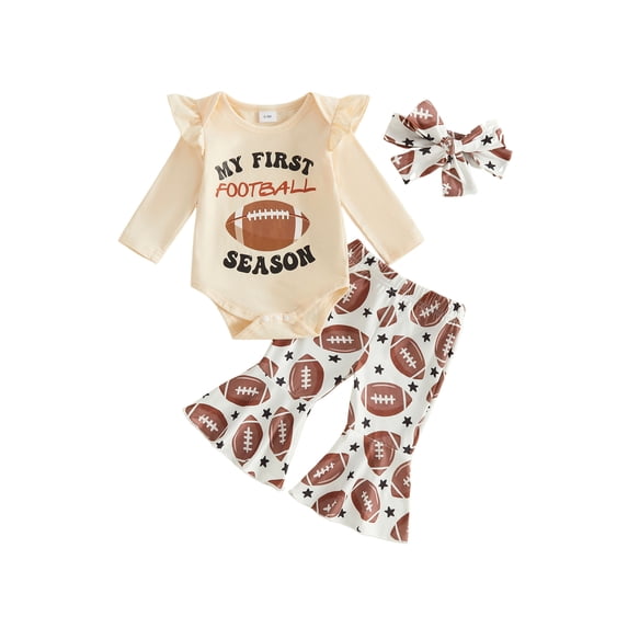 Loicainy Infant Baby Girl football Outfits 3 6 12 18 Months Long Sleeve Romper Football Flare Pants Headband Clothes Set