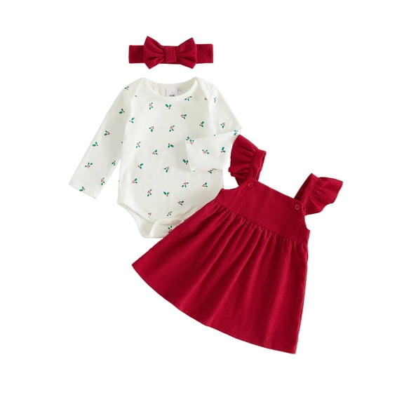 Loicainy Infant Baby Girls Christmas Outfit 3 6 12 18 Months Holly Berry Romper Overall Dress Headband Clothes Set
